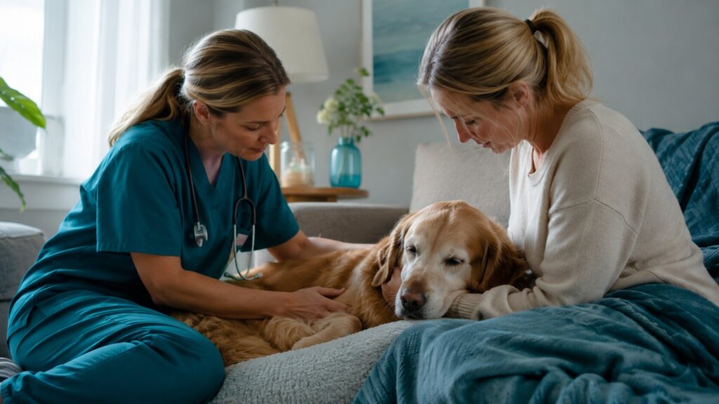 Veterinarian and pet owner comforting a senior golden retriever at home during in-home pet euthanasia